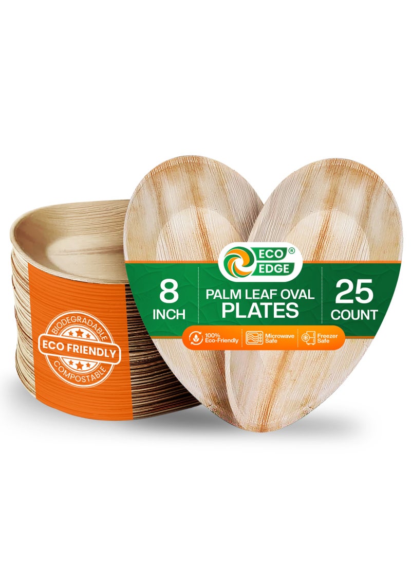 EcoEdge 8 Inch Oval Areca Palm Leaf Disposable  Plates  (Pack of 25) | Plant Based, Natural, Biodegradable, Compostable, Organic Finish | Heavy Duty, Durable, Sustainable Dining | 100% Eco Friendly - Image 1