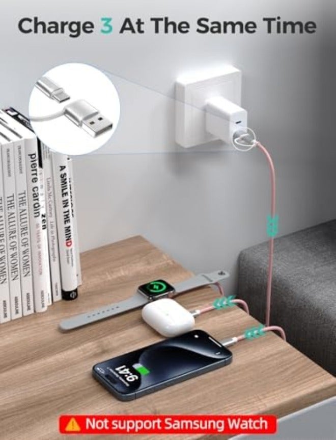 مستلزمات السفر، كابل USB‑C 3 في 2 لشحن ساعة آبل وآيفون - Image 4