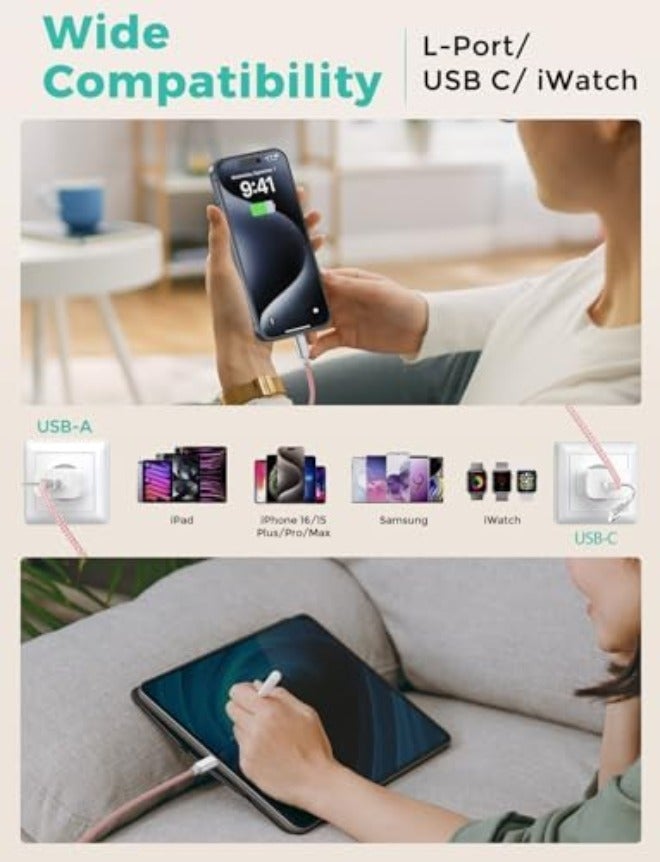 مستلزمات السفر، كابل USB‑C 3 في 2 لشحن ساعة آبل وآيفون - Image 5