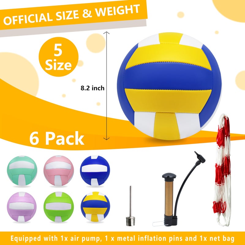 Magicorange Volleyball, 6 Pack Official Size 5 Volleyballs- PU Leather Indoor Outdoor Soft Touch Recreational Volleyballs for Beach Play, Game,Gym,Training -Includes Ball Pump (Multicolored) - Image 2