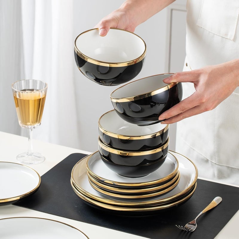 REANRO Black and Gold Ceramic Dinnerware Sets for 4, 16-Piece Luxury Plates and Bowls Sets with Gold Rim, Modern Dish Set for Wedding Christmas Anniversary, Crack Resistant | Dishwasher Safe (Black) - Image 4