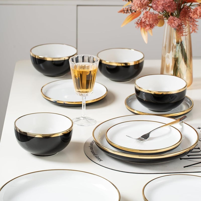 REANRO Black and Gold Ceramic Dinnerware Sets for 4, 16-Piece Luxury Plates and Bowls Sets with Gold Rim, Modern Dish Set for Wedding Christmas Anniversary, Crack Resistant | Dishwasher Safe (Black) - Image 3