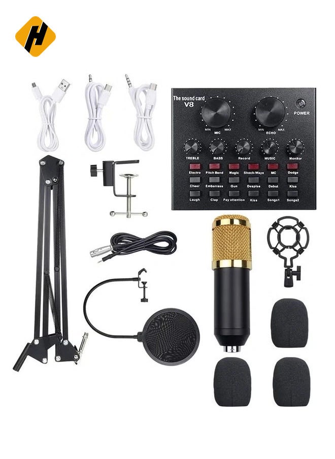 HuHa Multi-functional Live Sound Card + Microphone Kit Suspension Transmission Recording Condenser Microphone Set  - Image 1