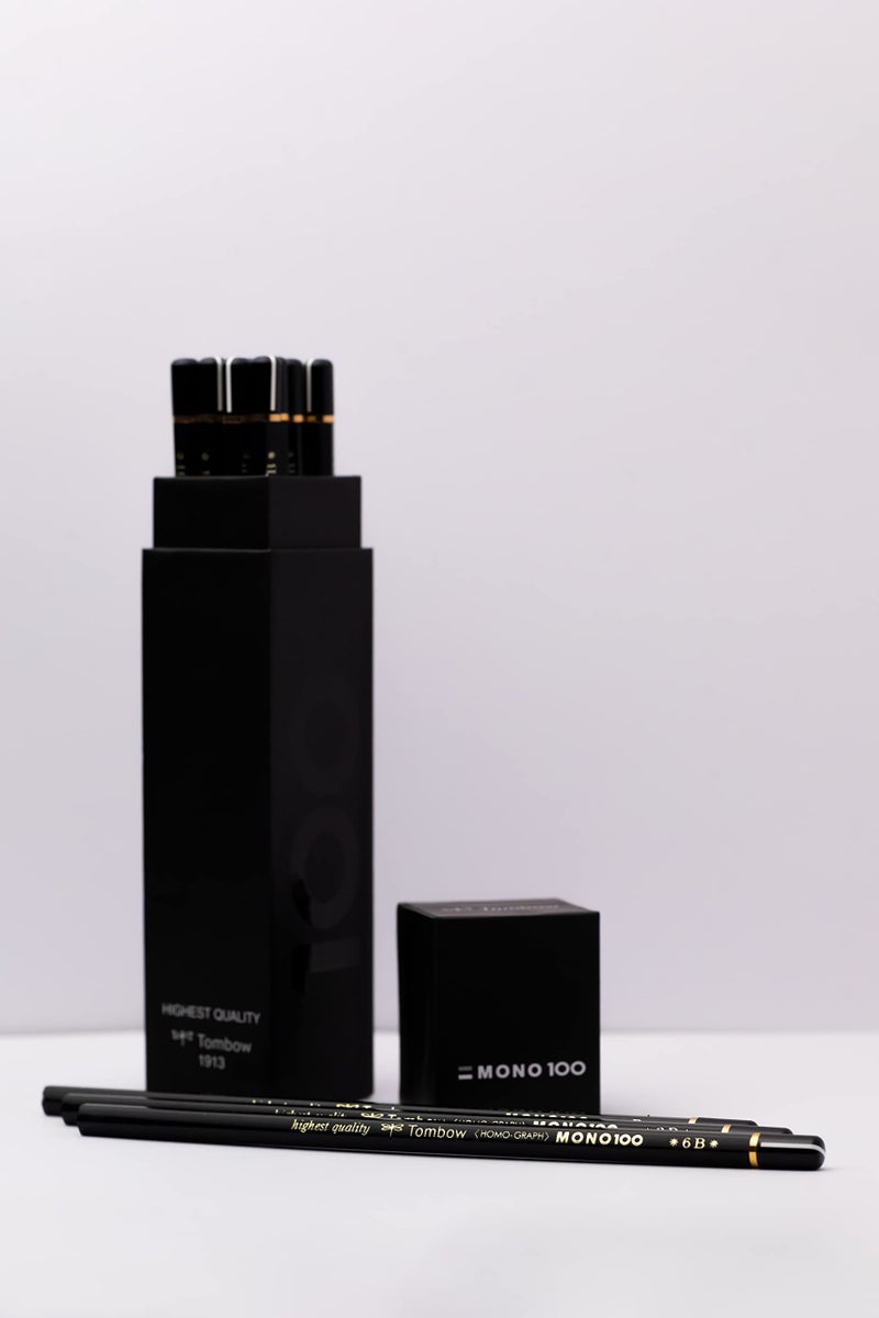 Tombow قلم رسم تومبو MONO 100 (6B، 5B، 4B، 3B، 2B، B، HB، F، H، 2H، 3H، 4H) - 12 قلم مختلط (MONO 100 مع ممحاة ومبراة مجانية) - Image 1