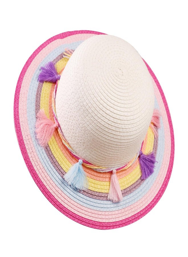 PinkSheep Girls Sun Hat,Cute Summer Straw Beach Hat for Toddler Kids 2-3T with Wide Rainbow Brim & Tassels - UPF 50+ - Image 1
