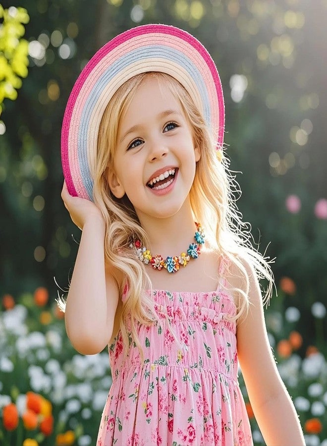 PinkSheep Girls Sun Hat,Cute Summer Straw Beach Hat for Toddler Kids 2-3T with Wide Rainbow Brim & Tassels - UPF 50+ - Image 2