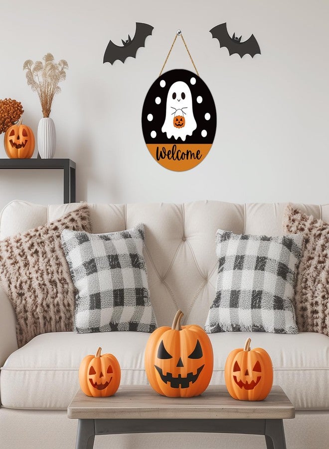YUNKKIN Halloween Decor Indoor Halloween Wreath Front Door Decorations Cute Ghost Decor Welcome Sign Wreath Wooden Front Door Hanger Ghost Hanging Sign for Porch Wall Indoor Home Decorations - Image 4