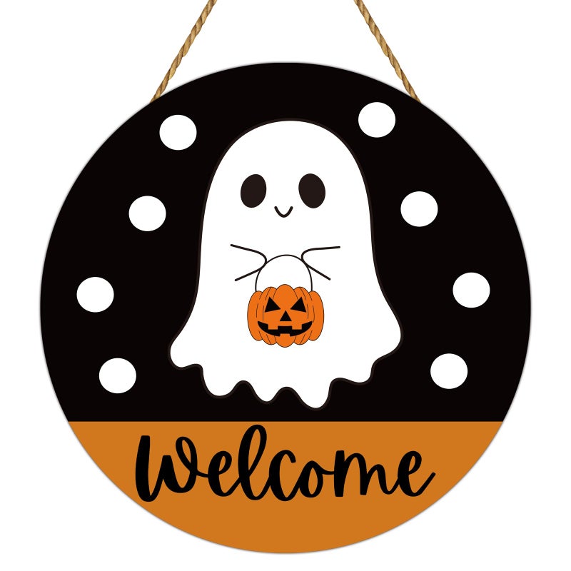 YUNKKIN Halloween Decor Indoor Halloween Wreath Front Door Decorations Cute Ghost Decor Welcome Sign Wreath Wooden Front Door Hanger Ghost Hanging Sign for Porch Wall Indoor Home Decorations - Image 1