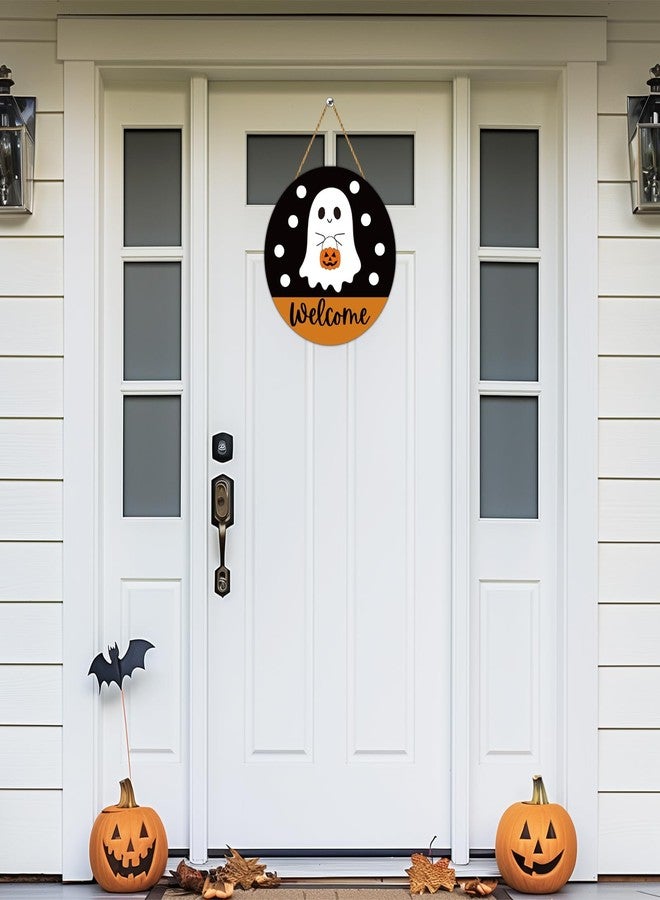 YUNKKIN Halloween Decor Indoor Halloween Wreath Front Door Decorations Cute Ghost Decor Welcome Sign Wreath Wooden Front Door Hanger Ghost Hanging Sign for Porch Wall Indoor Home Decorations - Image 3