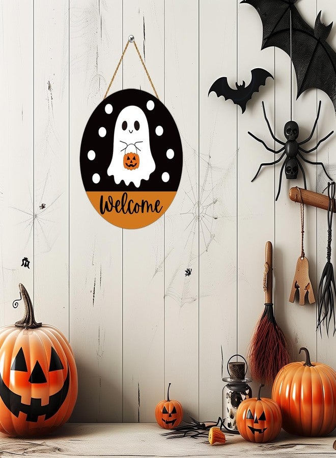 YUNKKIN Halloween Decor Indoor Halloween Wreath Front Door Decorations Cute Ghost Decor Welcome Sign Wreath Wooden Front Door Hanger Ghost Hanging Sign for Porch Wall Indoor Home Decorations - Image 5