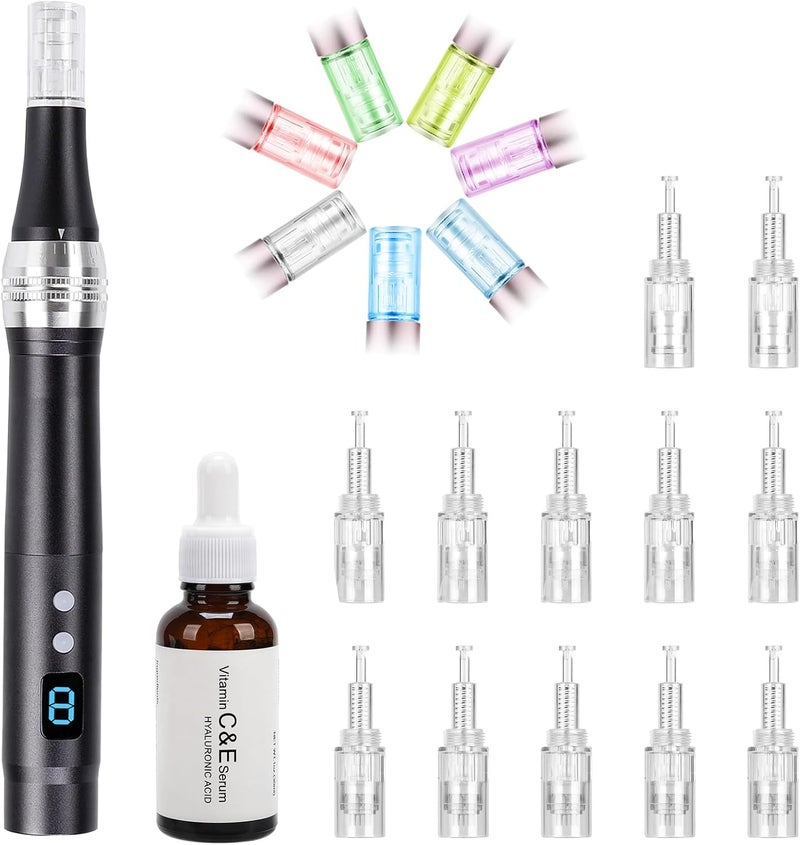 endim 8-Speeds Microneedling Pen LCD Screen Dermapen with 12Pcs Cartridges Electric Derma Pen for Face Body Beard Hair and Skin Care-Black, & Vitamin C Serum with Hyaluronic acid (12 Cartridges) - Image 1