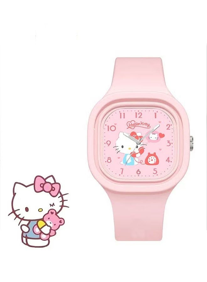 سانريو ساعة أطفال مربعة وردية اللون بنمط كرتوني من سانريو هالو كيتي بحزام من السيليكون مناسبة للأطفال من جميع الأعمار، ساعة هدية - Image 1