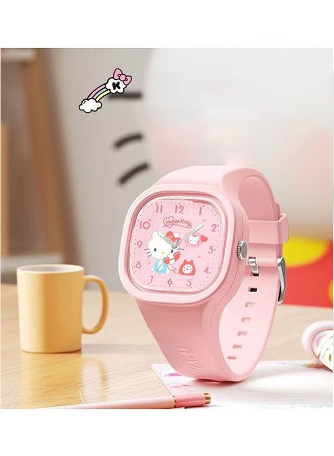 سانريو ساعة أطفال مربعة وردية اللون بنمط كرتوني من سانريو هالو كيتي بحزام من السيليكون مناسبة للأطفال من جميع الأعمار، ساعة هدية - Image 2