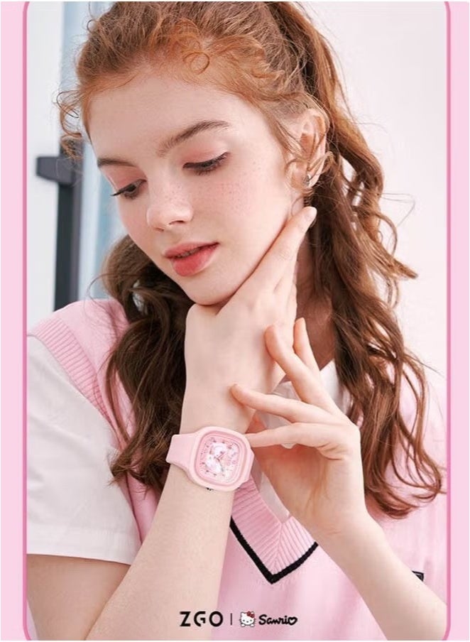 سانريو ساعة أطفال مربعة وردية اللون بنمط كرتوني من سانريو هالو كيتي بحزام من السيليكون مناسبة للأطفال من جميع الأعمار، ساعة هدية - Image 5