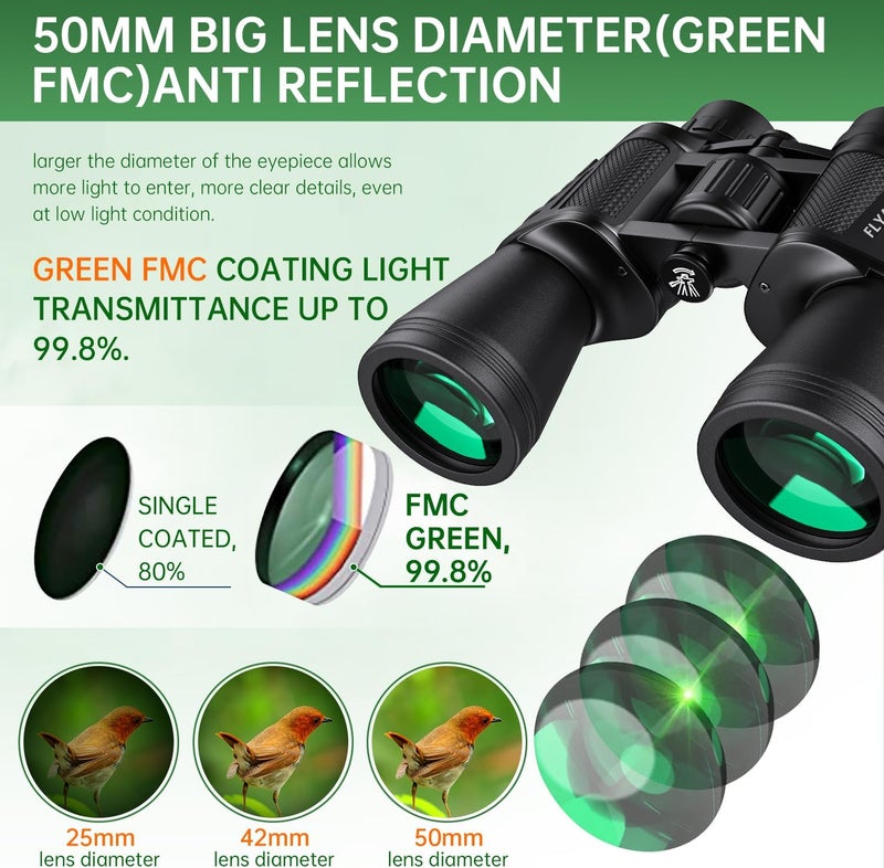 Flyant 20x50 High Powered Binoculars for Adults, Waterproof Compact Binoculars with Low Light Vision for Bird Watching Hunting Football Games Travel Stargazing Cruise with Carrying Bag - Image 5