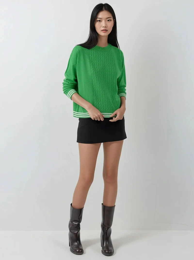 My Fashion Green MY FASHION Crew Neck Sweater with Hair Braid Pattern for Women | Best Price UAE