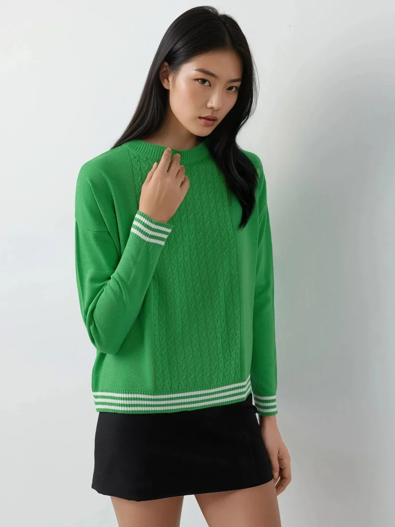 My Fashion Green MY FASHION Crew Neck Sweater with Hair Braid Pattern for Women | Best Price UAE