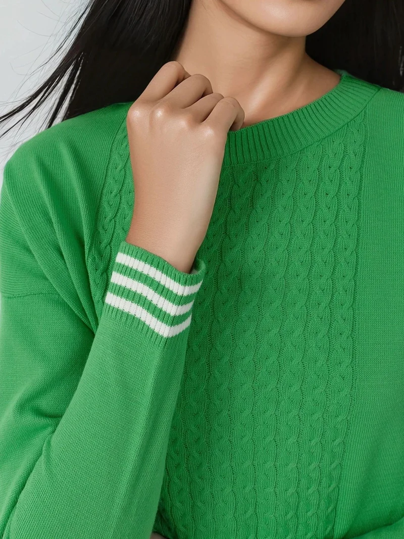 My Fashion Green MY FASHION Crew Neck Sweater with Hair Braid Pattern for Women | Best Price UAE