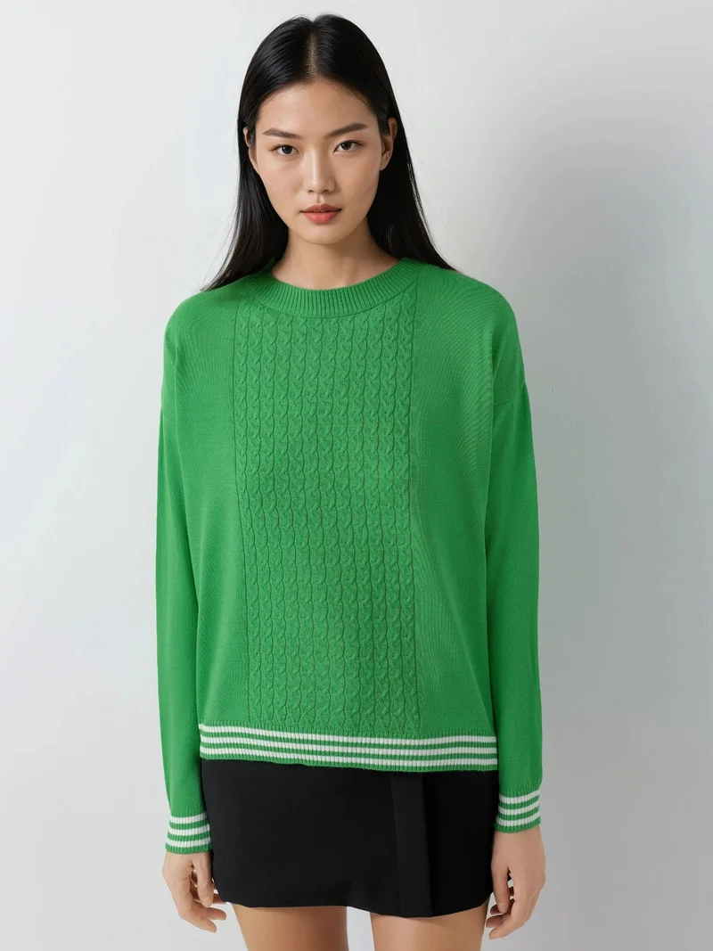My Fashion Green MY FASHION Crew Neck Sweater with Hair Braid Pattern for Women | Best Price UAE