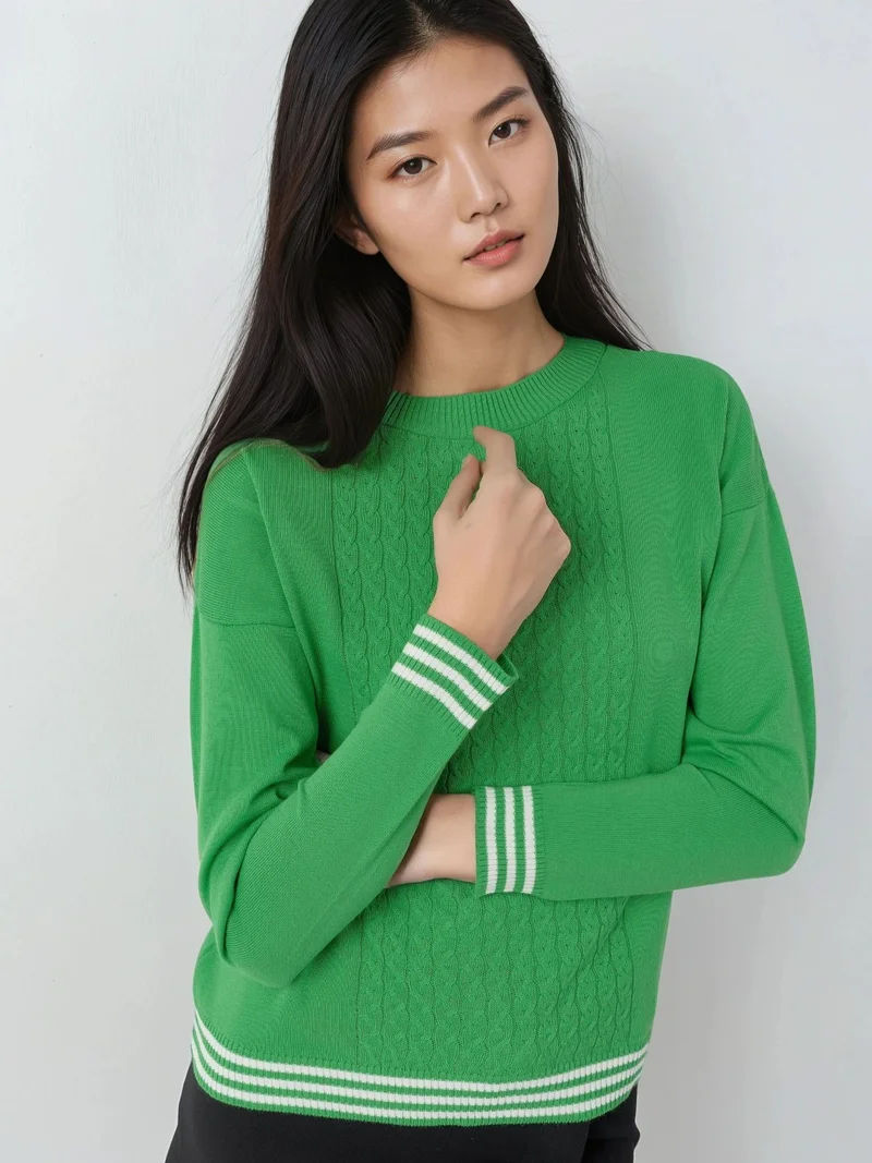 MY FASHION Crew Neck Sweater with Hair Braid Pattern