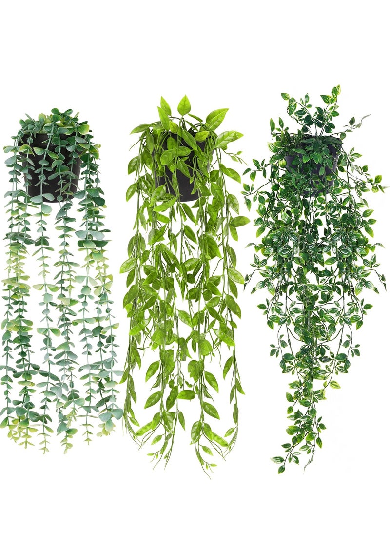 XiuWoo 3 Pack Artificial Hanging Plants, Fake Hanging Plants Fake Greenery Hanging Plants Faux Hanging Potted Plants Eucalyptus Vine Mandala Vine in Pot for Indoor Outdoor Office Home Decor  - Image 1