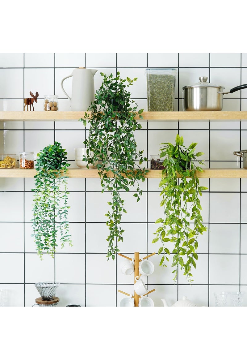 XiuWoo 3 Pack Artificial Hanging Plants, Fake Hanging Plants Fake Greenery Hanging Plants Faux Hanging Potted Plants Eucalyptus Vine Mandala Vine in Pot for Indoor Outdoor Office Home Decor  - Image 5