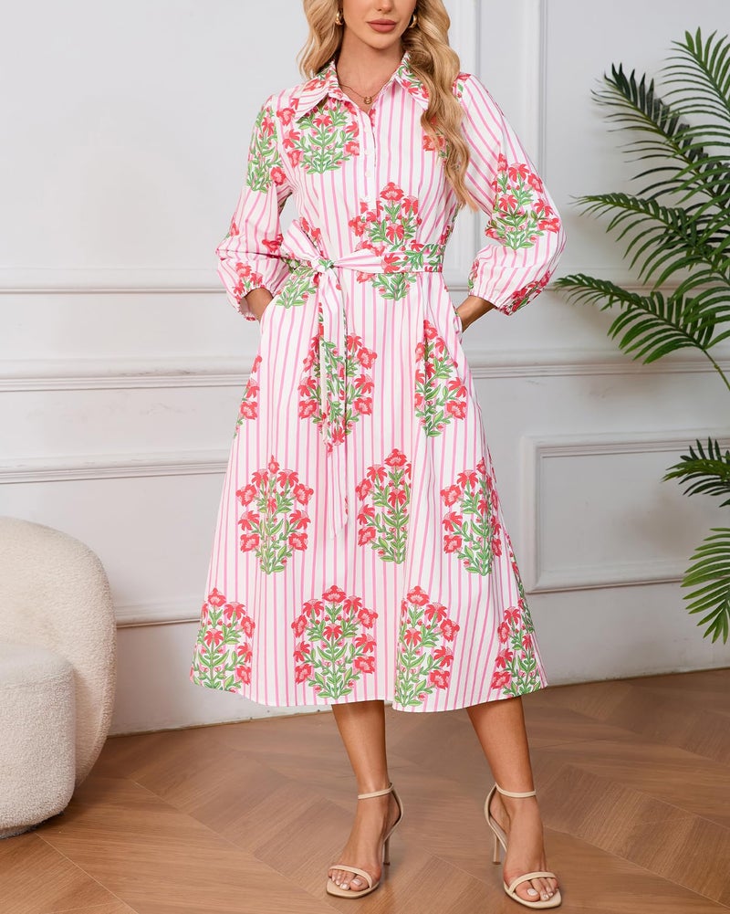 YEXPINE Womens Spring 2026 Casual Floral 3/4 Puff Sleeve Midi Shirt Dresses Button Down Belted Dress with Pockets Pink - Image 2
