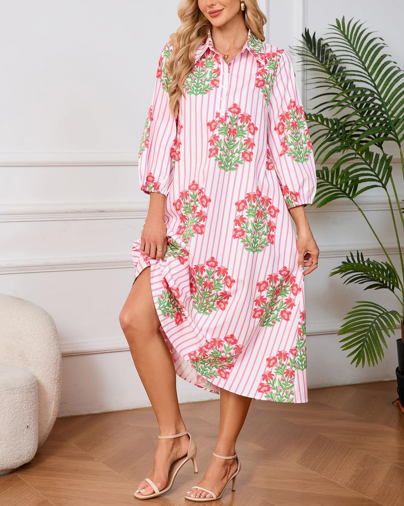 YEXPINE Womens Spring 2026 Casual Floral 3/4 Puff Sleeve Midi Shirt Dresses Button Down Belted Dress with Pockets Pink - Image 5
