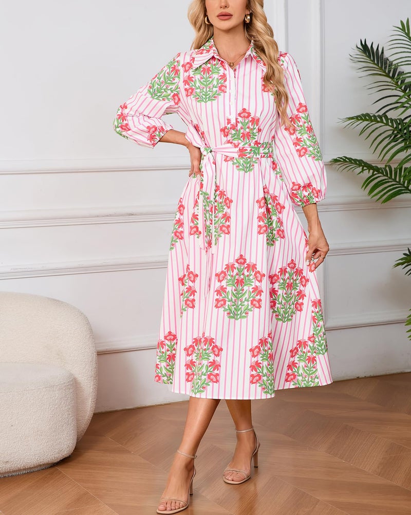 YEXPINE Womens Spring 2026 Casual Floral 3/4 Puff Sleeve Midi Shirt Dresses Button Down Belted Dress with Pockets Pink - Image 3