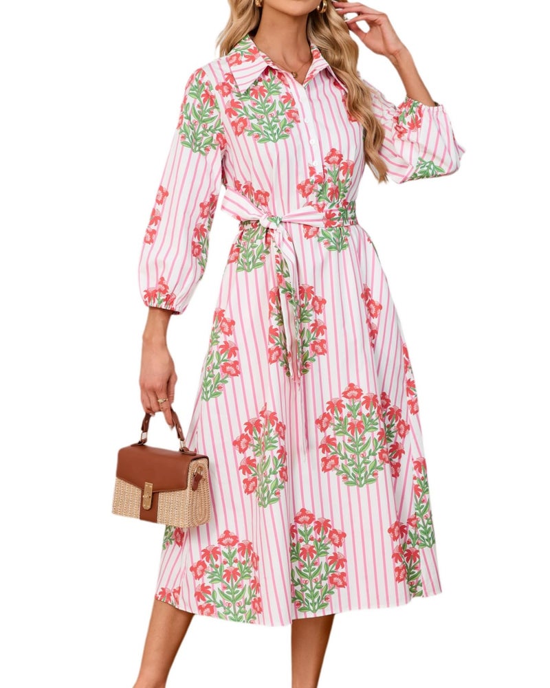 YEXPINE Womens Spring 2026 Casual Floral 3/4 Puff Sleeve Midi Shirt Dresses Button Down Belted Dress with Pockets Pink - Image 1