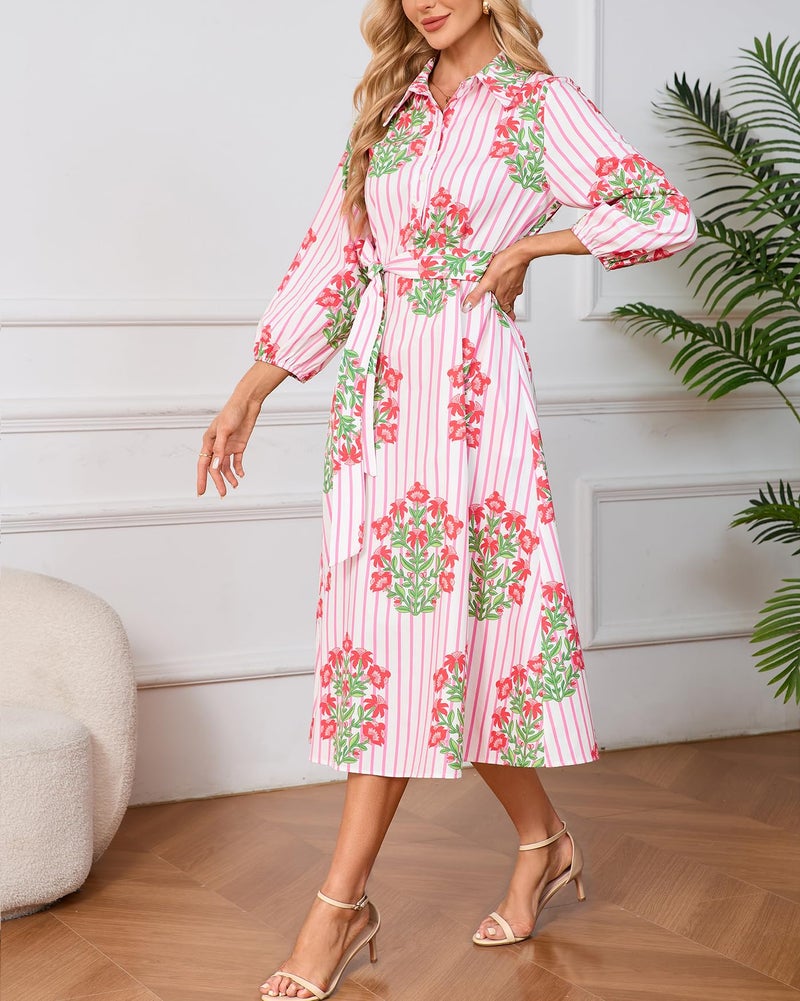 YEXPINE Womens Spring 2026 Casual Floral 3/4 Puff Sleeve Midi Shirt Dresses Button Down Belted Dress with Pockets Pink - Image 4