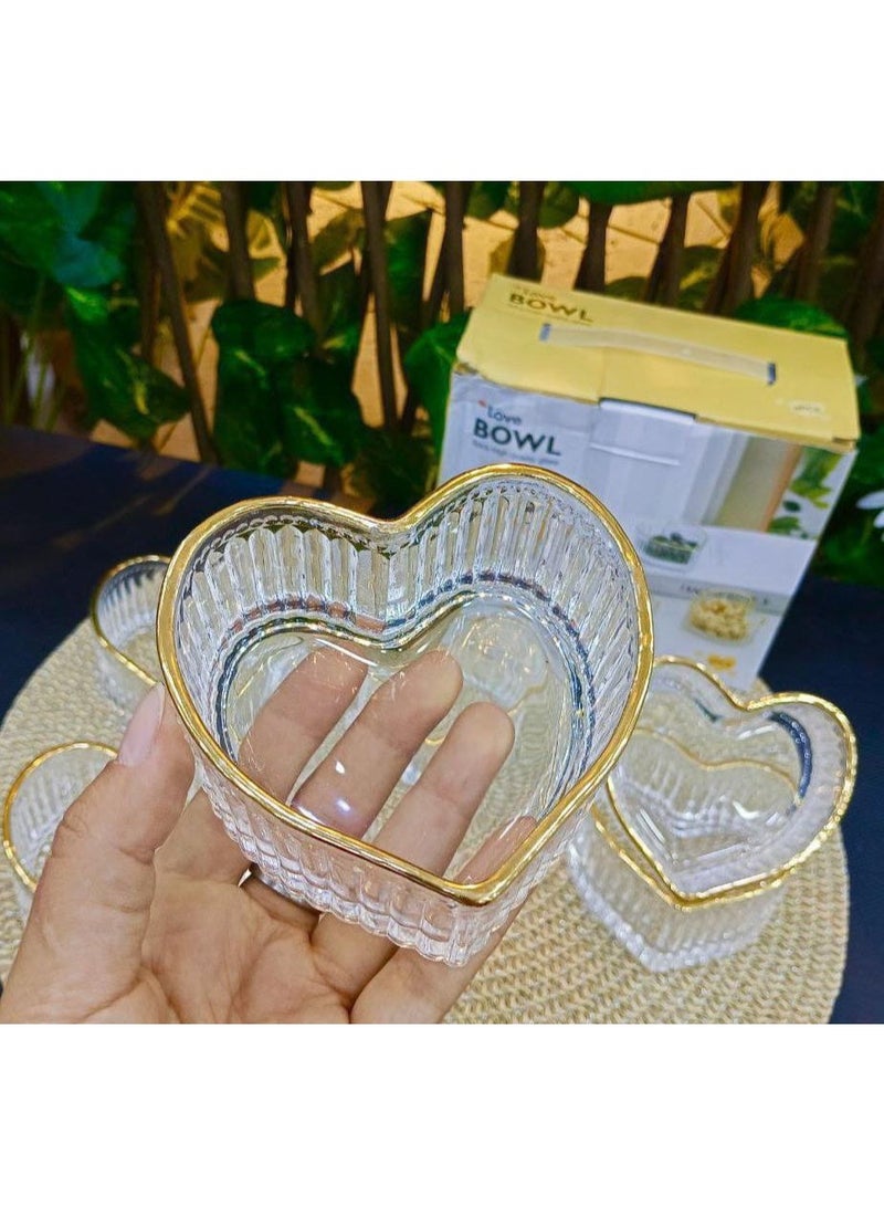 Glass bowl set in a heart shape with a gold rim – 6 pieces, an elegant design that adds a chic touch to your table setting and hospitality. - Image 1
