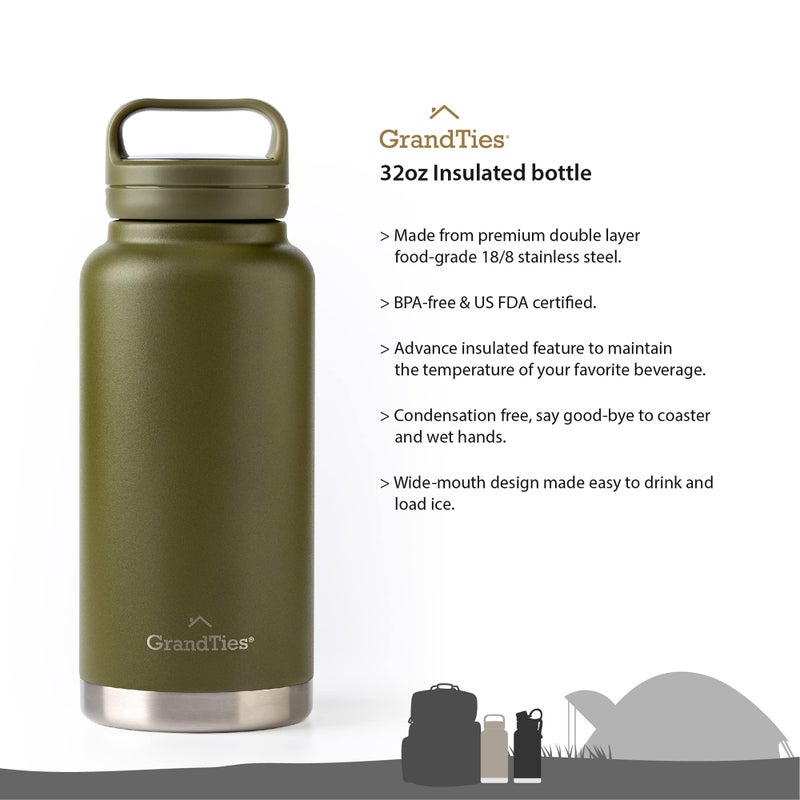 GRANDTIES 2 Lids Sports Stainless Steel Water Bottles - Wide Mouth Vacuum Insulated Reusable Leak Proof BPA-Free Travel Metal Canteen  Thermos Bottles for Men Women Gym (Olive Green 32 oz) - Image 2