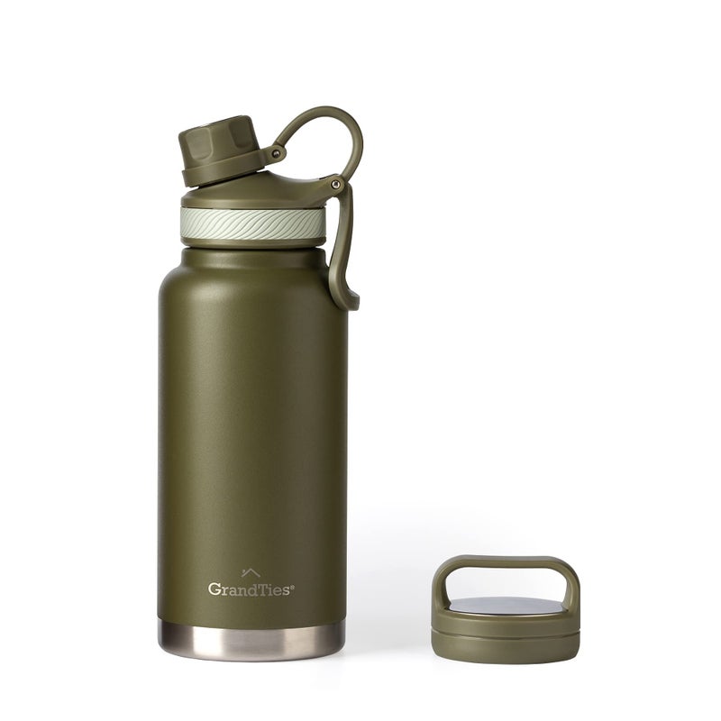 GRANDTIES 2 Lids Sports Stainless Steel Water Bottles - Wide Mouth Vacuum Insulated Reusable Leak Proof BPA-Free Travel Metal Canteen  Thermos Bottles for Men Women Gym (Olive Green 32 oz) - Image 1