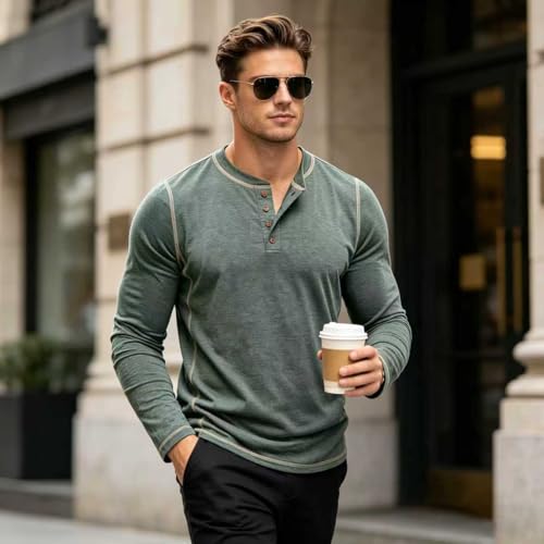 Estokap Men's Henley Shirts Long Sleeve Casual Button T-Shirt Lightweight Cotton Pullover Shirts Black - Image 5