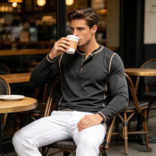 Estokap Men's Henley Shirts Long Sleeve Casual Button T-Shirt Lightweight Cotton Pullover Shirts Black - Image 4