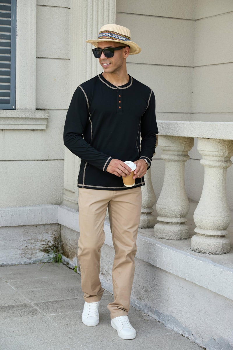 Estokap Men's Henley Shirts Long Sleeve Casual Button T-Shirt Lightweight Cotton Pullover Shirts Black - Image 3