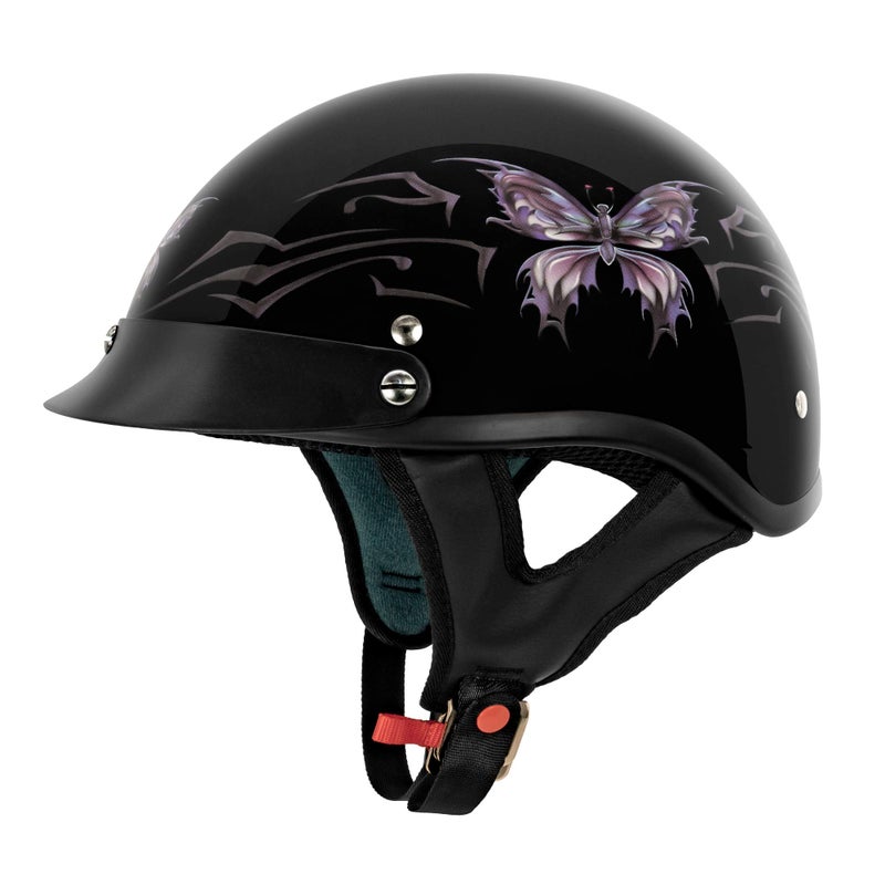 VCAN Cruiser Intricate Butterfly Motorcycle Half Helmet Gloss Black XSmall