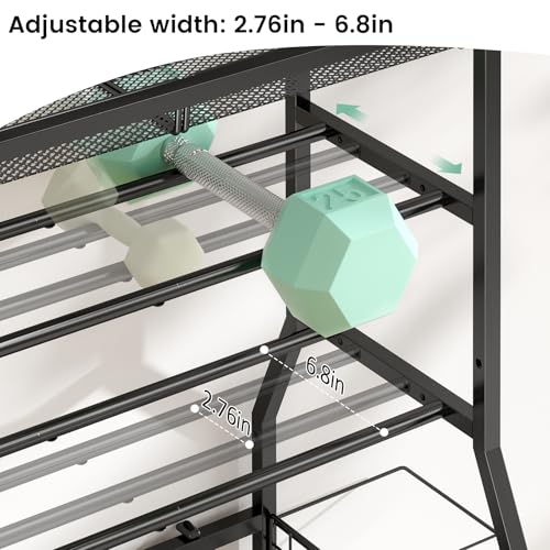 ThreeHio Home Gym Storage Rack, Dumbbell Rack with Yoga Mat Storage, Weight Rack Stand with Lockable Wheels and Hooks, Home Workout Equipment Organizer for Yoga Mate, Dumbbell, Kettlebells, Ball Storage - Image 4