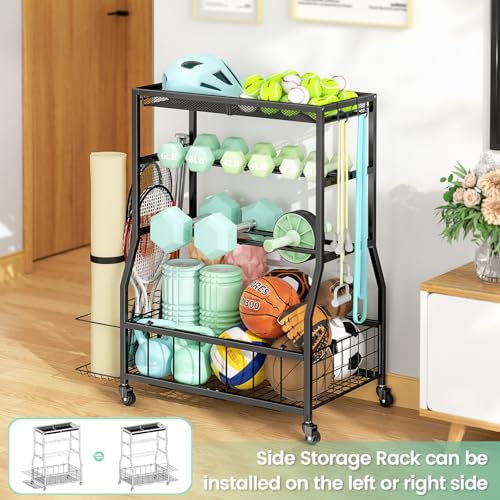 ThreeHio Home Gym Storage Rack, Dumbbell Rack with Yoga Mat Storage, Weight Rack Stand with Lockable Wheels and Hooks, Home Workout Equipment Organizer for Yoga Mate, Dumbbell, Kettlebells, Ball Storage - Image 2