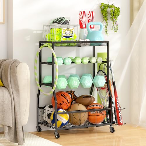 ThreeHio Home Gym Storage Rack, Dumbbell Rack with Yoga Mat Storage, Weight Rack Stand with Lockable Wheels and Hooks, Home Workout Equipment Organizer for Yoga Mate, Dumbbell, Kettlebells, Ball Storage - Image 1