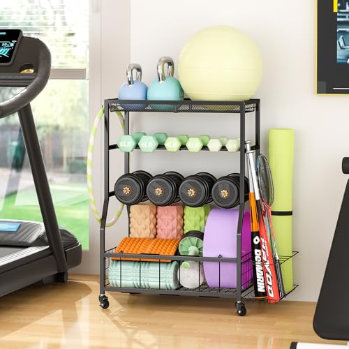 ThreeHio Home Gym Storage Rack, Dumbbell Rack with Yoga Mat Storage, Weight Rack Stand with Lockable Wheels and Hooks, Home Workout Equipment Organizer for Yoga Mate, Dumbbell, Kettlebells, Ball Storage - Image 5