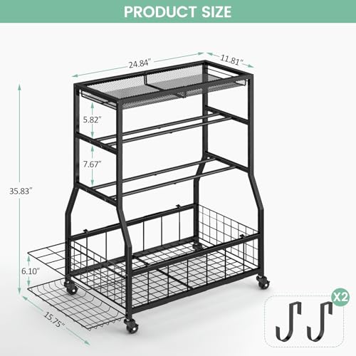 ThreeHio Home Gym Storage Rack, Dumbbell Rack with Yoga Mat Storage, Weight Rack Stand with Lockable Wheels and Hooks, Home Workout Equipment Organizer for Yoga Mate, Dumbbell, Kettlebells, Ball Storage - Image 3
