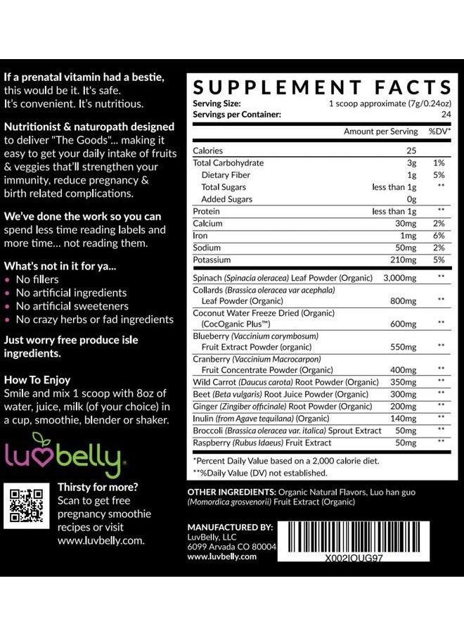 LuvBelly - Prenatal Superfood Green Drink I Dietician Created For Pregnant Women I Organic Veggies & Fruit Folate Iron Choline Get Clarity Reduce Worry Boost Energy & Mood Perfect In Smoothies 1 Mth - Image 1