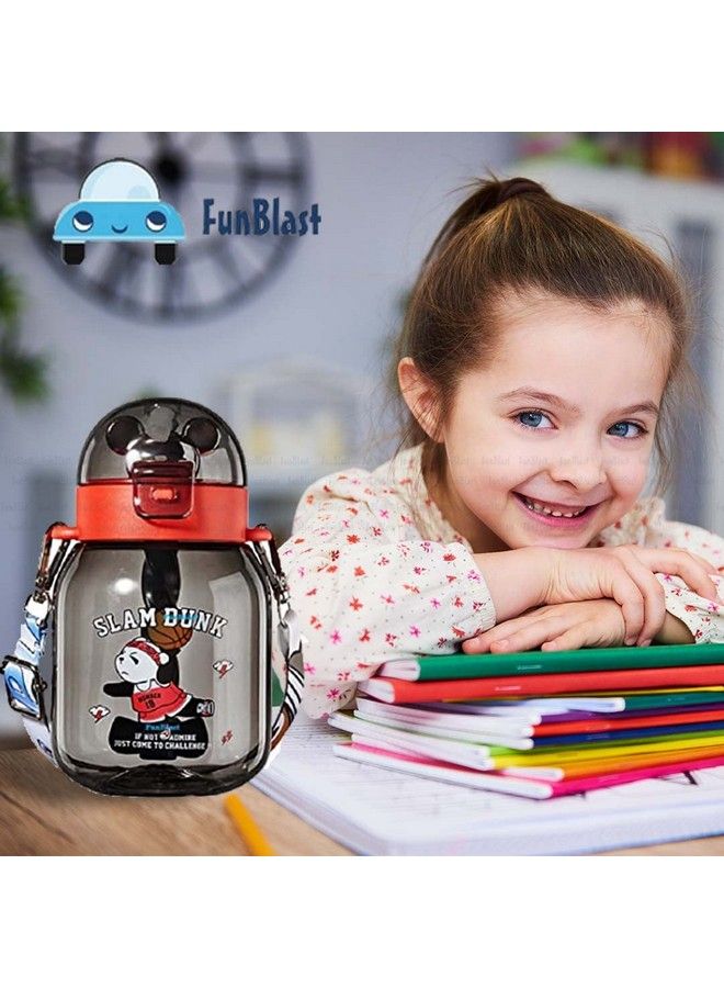 FunBlast Water Bottle For Kids Tritan Water Bottle With Straw And Adjustable Strap For Kids Kids Water Bottle With Strap Cute Cartoon Themed Water Bottle For Boys And Girls (600 Ml) (Black) - Image 3