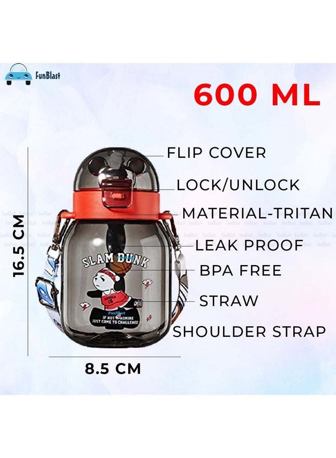 FunBlast Water Bottle For Kids Tritan Water Bottle With Straw And Adjustable Strap For Kids Kids Water Bottle With Strap Cute Cartoon Themed Water Bottle For Boys And Girls (600 Ml) (Black) - Image 4
