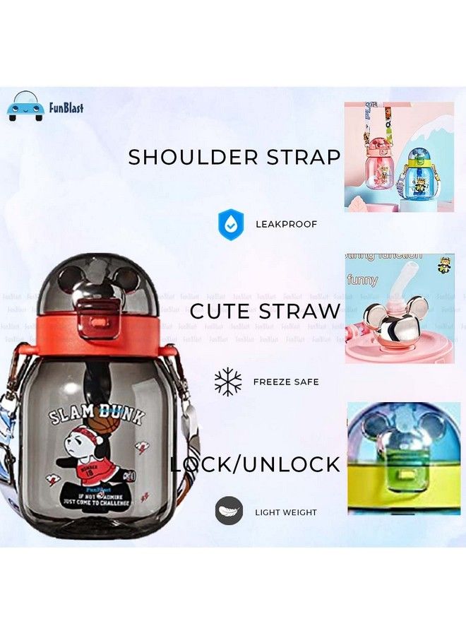 FunBlast Water Bottle For Kids Tritan Water Bottle With Straw And Adjustable Strap For Kids Kids Water Bottle With Strap Cute Cartoon Themed Water Bottle For Boys And Girls (600 Ml) (Black) - Image 5