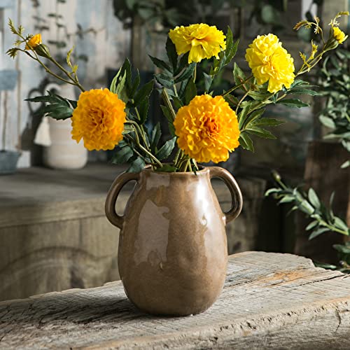 Tanvecle Brown Ceramic Vase with 2 Handles, Modern Farmhouse Decor, Rustic Terracotta Pottery, Decorative Flower Vases, Clay Small Vase, Centerpiece for Dining Table - 7 Inch Tall - Image 3