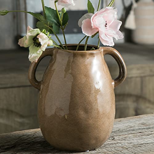 Tanvecle Brown Ceramic Vase with 2 Handles, Modern Farmhouse Decor, Rustic Terracotta Pottery, Decorative Flower Vases, Clay Small Vase, Centerpiece for Dining Table - 7 Inch Tall - Image 1