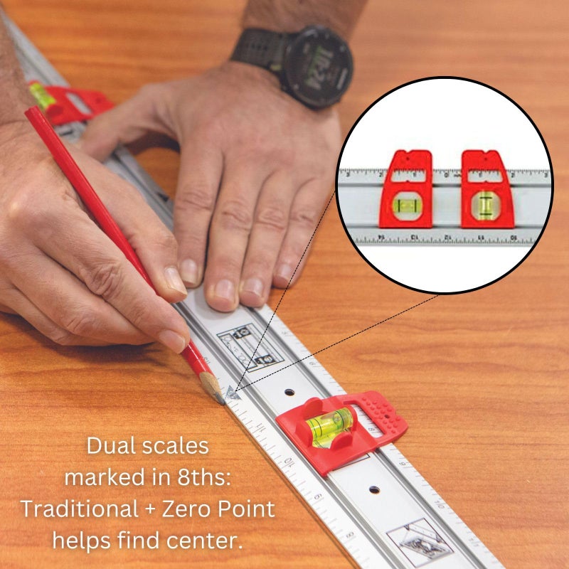 Kapro - 314 Set & Match Ruler - Layout and Marking Tool - Sliding Vials with â…› English Gradations - Includes Two Slide & Lock Vials, Zero-Center Scale, and Anti-Slip Feature - Aluminium - 48 Inch - Image 5